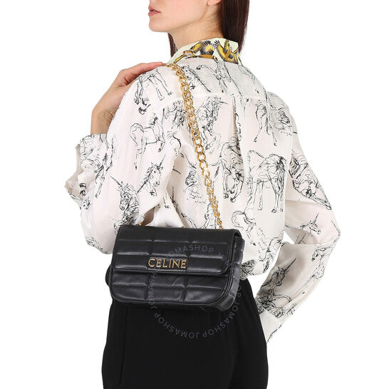 Celine, Chain Shoulder Bag In Quilted Goatskin - Black