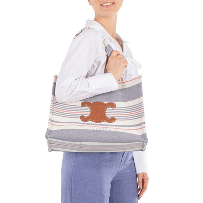 Celine, Large Cabas Thais In Striped Textile And Calfskin