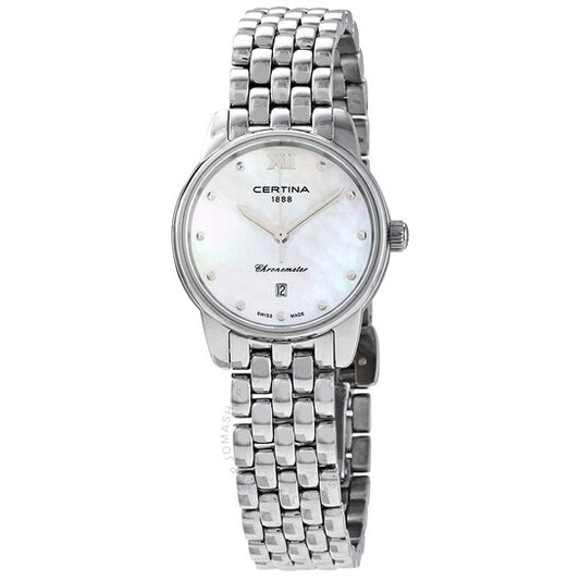 ساعة Certina DS-8 كوارتز بيضاء بمينا من عرق اللؤلؤ للسيدات