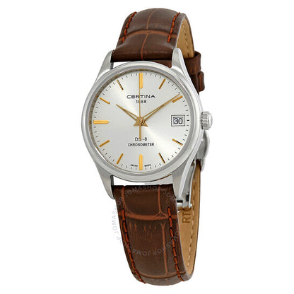 Certina, DS 8 Silver Dial Brown Leather Ladies Watch