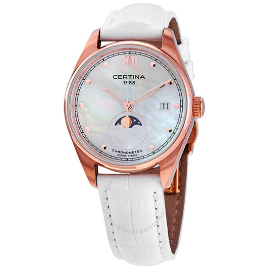 ساعة Certina DS-8 كوارتز بيضاء بمينا من عرق اللؤلؤ للسيدات