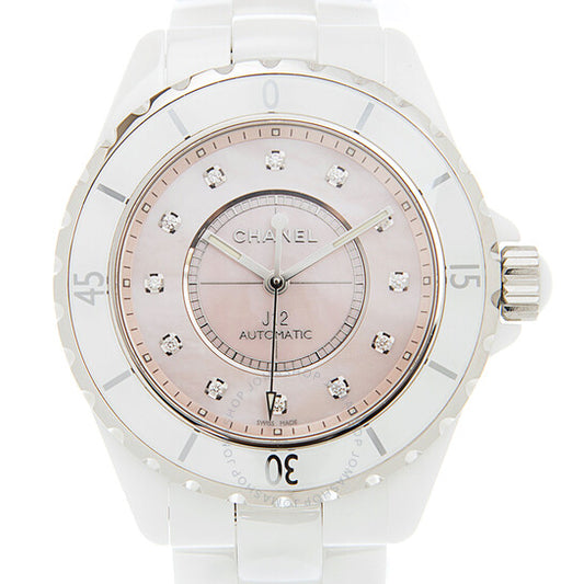 شانيل، ساعة J12 أوتوماتيكية للسيدات بمينا من عرق اللؤلؤ الوردي والماس