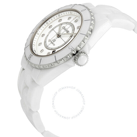 شانيل، ساعة J12 نسائية بمينا أبيض مرصعة بالألماس