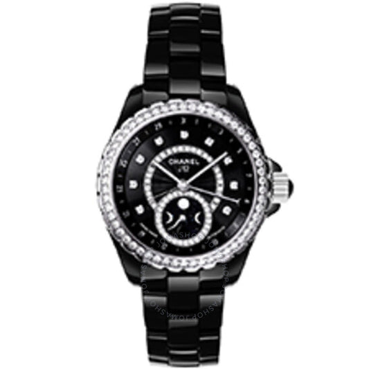 شانيل، ساعة J12 أوتوماتيكية للسيدات بمينا أسود ومرصعة بالألماس والسيراميك الأسود