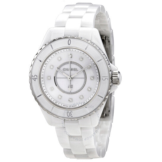 شانيل، ساعة J12 كوارتز نسائية بمينا أبيض مرصعة بالألماس