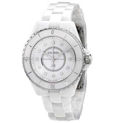 شانيل، ساعة J12 كوارتز نسائية بمينا أبيض مرصعة بالألماس