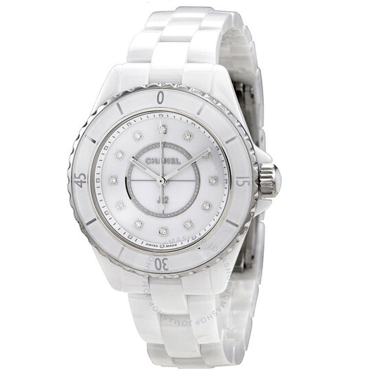 شانيل، ساعة J12 كوارتز نسائية بمينا أبيض مرصعة بالألماس