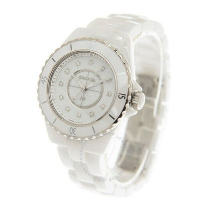 شانيل، ساعة J12 كوارتز نسائية بمينا أبيض مرصعة بالألماس