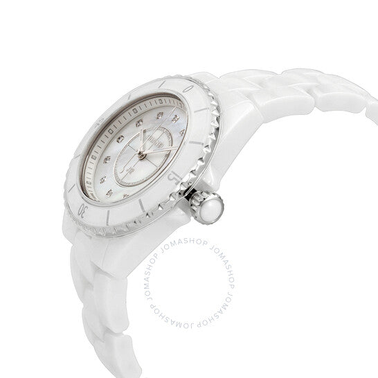 شانيل، ساعة J12 كوارتز نسائية بمينا أبيض مرصعة بالألماس