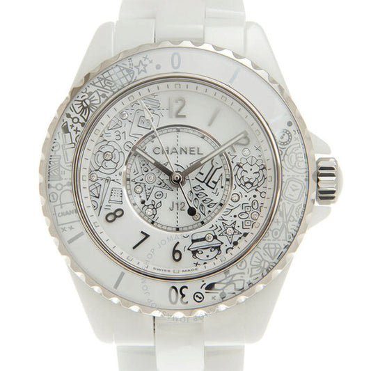 شانيل، ساعة نسائية كوارتز J12-20 بمينا أبيض مرصعة بالألماس