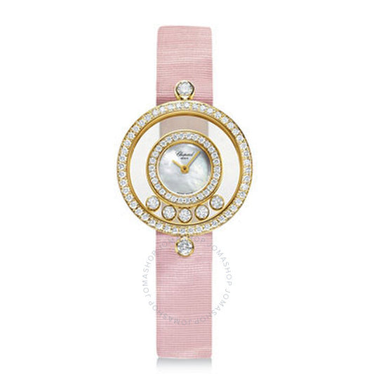 شوبارد، ساعة هابي دايموندز نسائية بمينا من عرق اللؤلؤ وحزام من القماش الوردي
