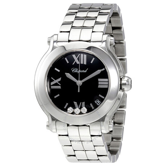 شوبارد، ساعة هابي سبورت النسائية بمينا أسود وثلاثة ماسات عائمة