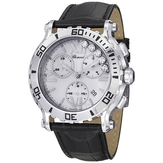 شوبارد، ساعة هابي سبورت كرونوغراف بمينا بيضاء وحزام جلدي للسيدات