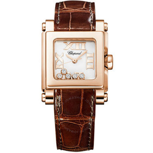 شوبارد، ساعة هابي سبورت II للسيدات بمينا أبيض من الألماس والذهب الوردي عيار 18 قيراطًا