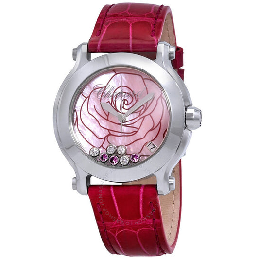 شوبارد، ساعة هابي سبورت II لا في إن روز، مينا وردية لامعة من جلد التمساح الفوشيا للنساء