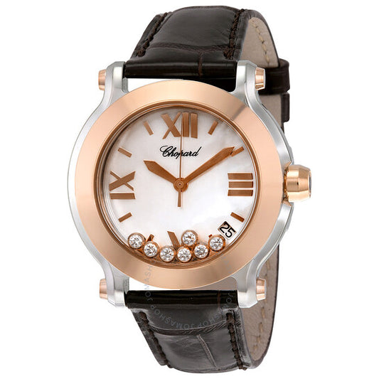 شوبارد، ساعة هابي سبورت II MOP النسائية المصنوعة من الجلد البني والمرصعة بالألماس