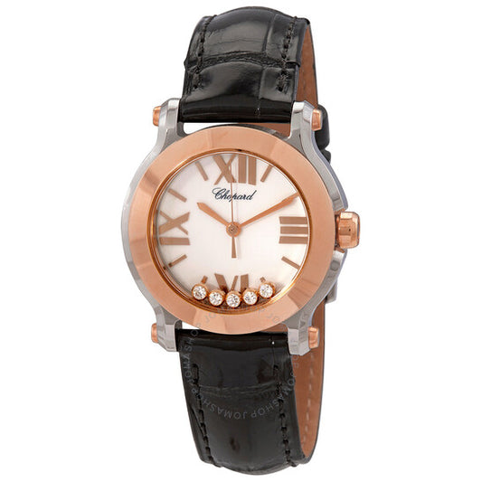 شوبارد، ساعة هابي سبورت II للسيدات من الذهب الوردي عيار 18 قيراطًا ومرصعة بالألماس وميناء أبيض