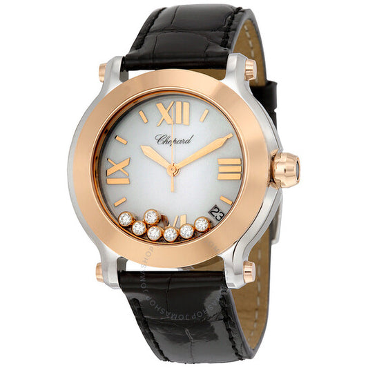 شوبارد، ساعة هابي سبورت II النسائية بمينا من الألماس الأبيض والجلد الأسود