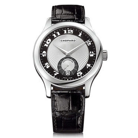 شوبارد، ساعة LUC Quattro Mark II أوتوماتيكية للرجال من الذهب الأبيض عيار 18 قيراطًا باللونين الأسود والفضي