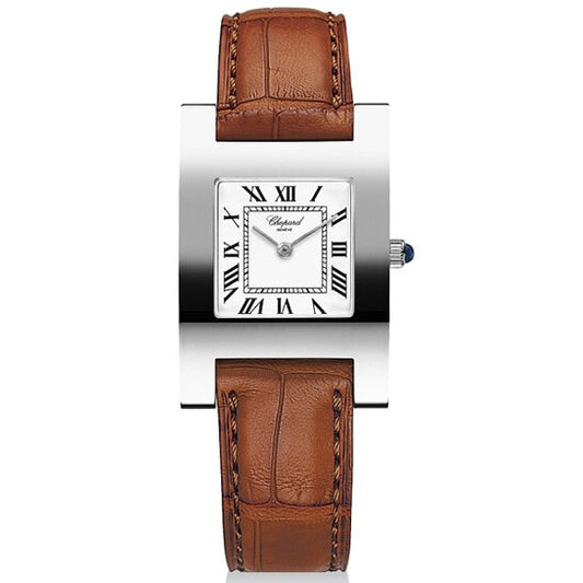 ساعة شوبارد يور آور النسائية، ميناء أبيض، ذهب أبيض عيار 18 قيراط، جلد بني