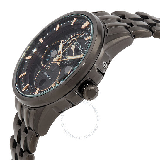 ساعة سيتيزن كاليندير متعددة الوظائف للرجال بمينا أسود مطلية باللون الأسود