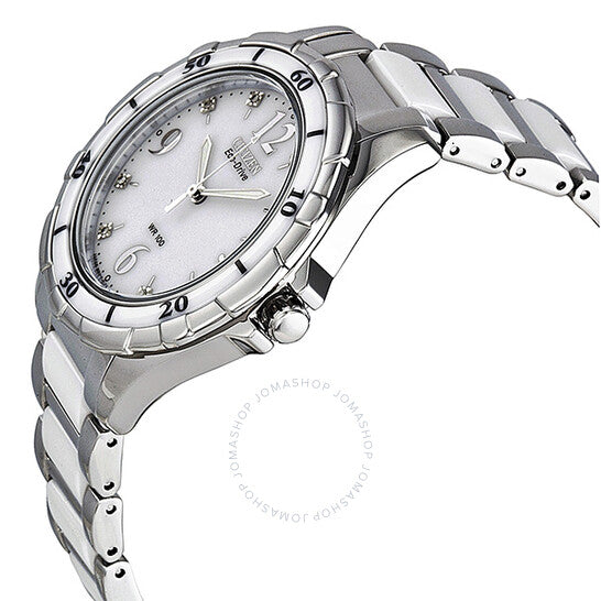 ساعة سيتيزن إيكو درايف سيراميك للسيدات بمينا أبيض من الألماس