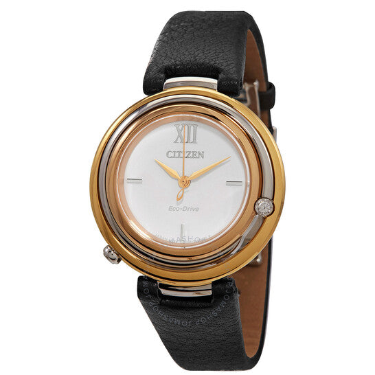 ساعة سيتيزن للسيدات، مينا بيضاء ماسية، جلد أسود