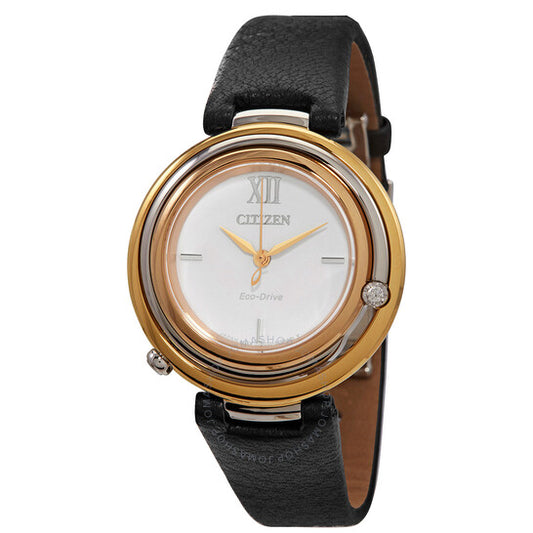 ساعة سيتيزن للسيدات، مينا بيضاء ماسية، جلد أسود