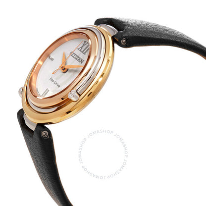 ساعة سيتيزن للسيدات، مينا بيضاء ماسية، جلد أسود