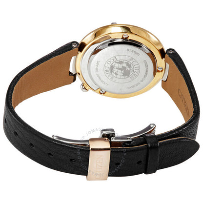 ساعة سيتيزن للسيدات، مينا بيضاء ماسية، جلد أسود