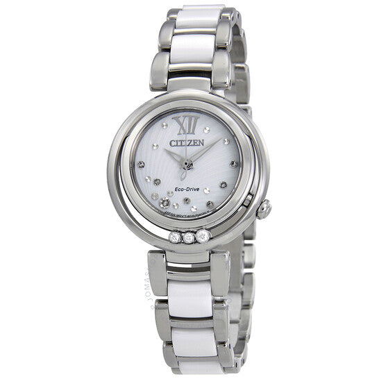 ساعة سيتيزن L صن رايز للسيدات بمينا أبيض مرصع بالألماس
