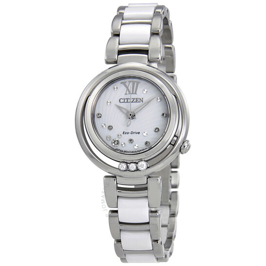 ساعة سيتيزن L صن رايز للسيدات بمينا أبيض مرصع بالألماس