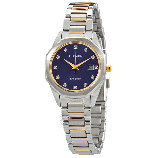 ساعة سيتيزن كوارتز نسائية بمينا زرقاء من الألماس بلونين