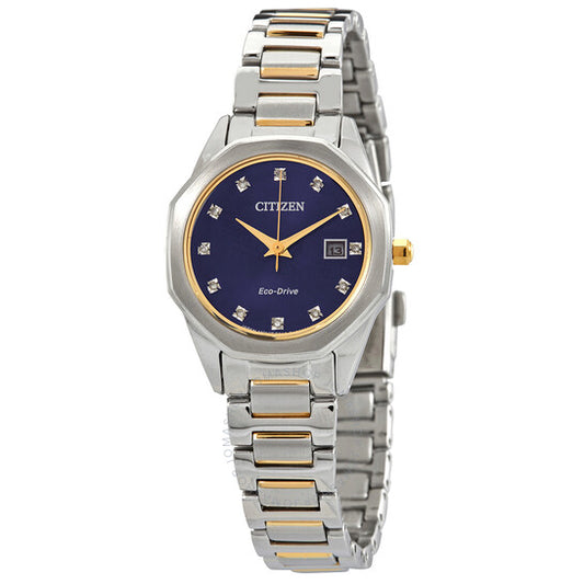 ساعة سيتيزن كوارتز نسائية بمينا زرقاء من الألماس بلونين