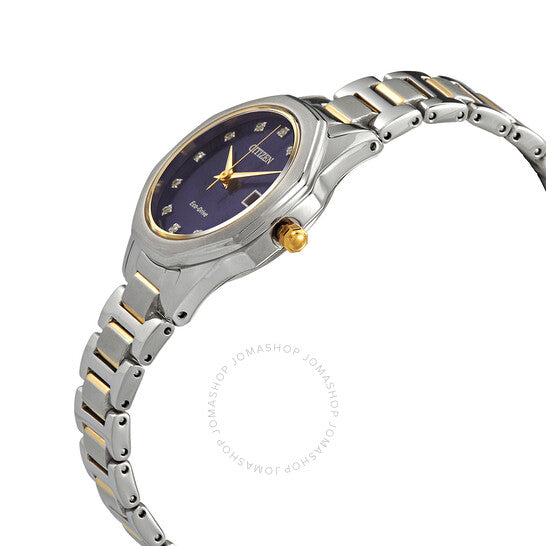 ساعة سيتيزن كوارتز نسائية بمينا زرقاء من الألماس بلونين