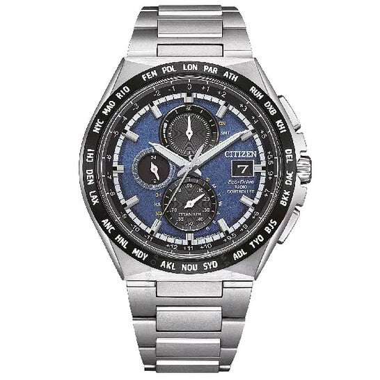 ساعة سيتيزن كرونوغراف للرجال بقرص أزرق وتحكم لاسلكي
