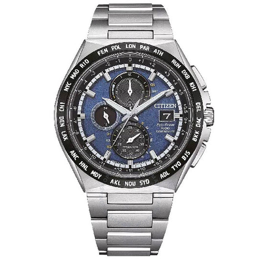ساعة سيتيزن كرونوغراف للرجال بقرص أزرق وتحكم لاسلكي