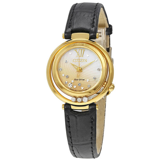 ساعة سيتيزن صن رايز إيكو درايف دايموند بسوار جلدي أسود للسيدات