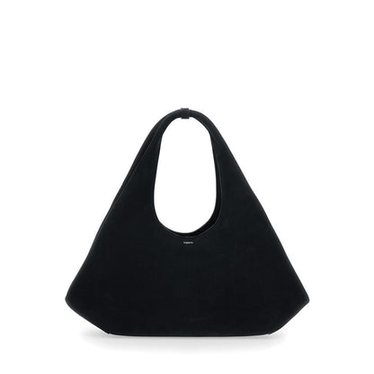 Black Shoulder Bag With Top Handle And Logo Lettering On The Front In Suede Woman