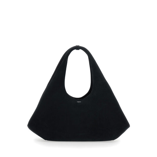 Black Shoulder Bag With Top Handle And Logo Lettering On The Front In Suede Woman