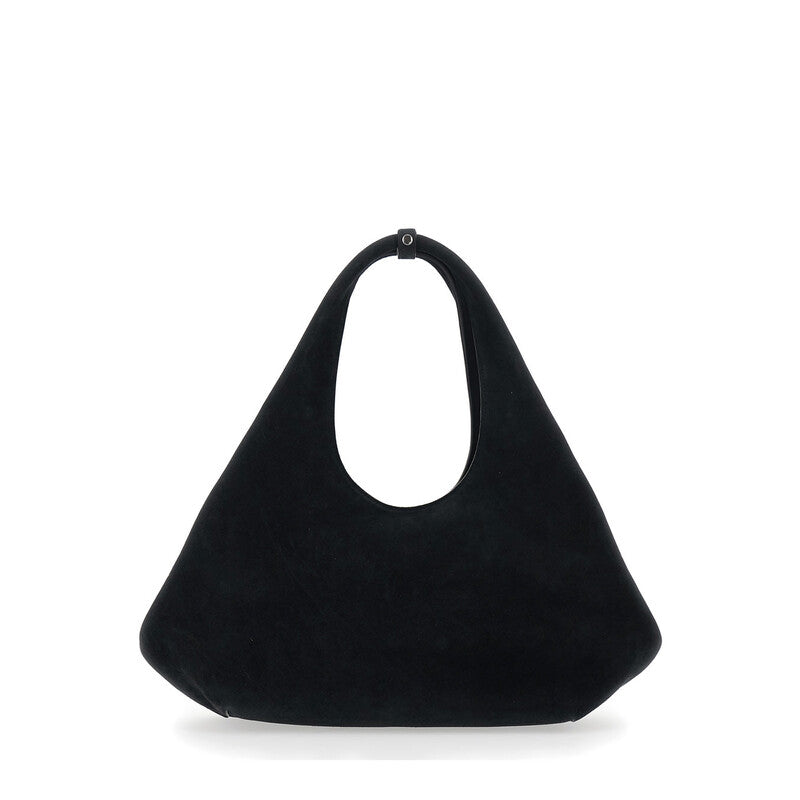 Black Shoulder Bag With Top Handle And Logo Lettering On The Front In Suede Woman