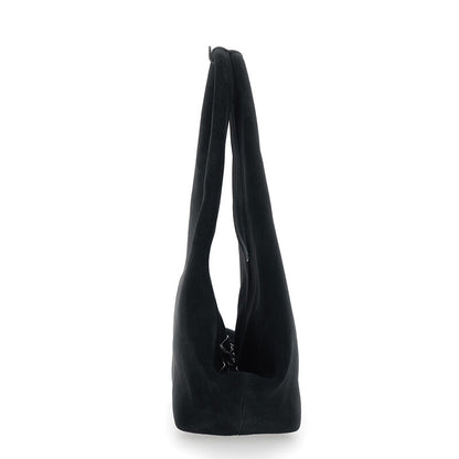 Black Shoulder Bag With Top Handle And Logo Lettering On The Front In Suede Woman