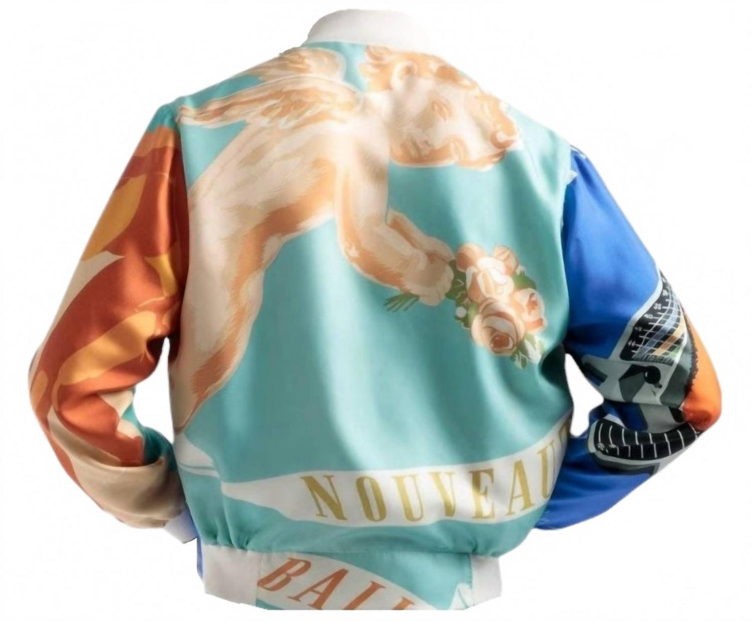 silk graphic-print bomber jacket in multicolor