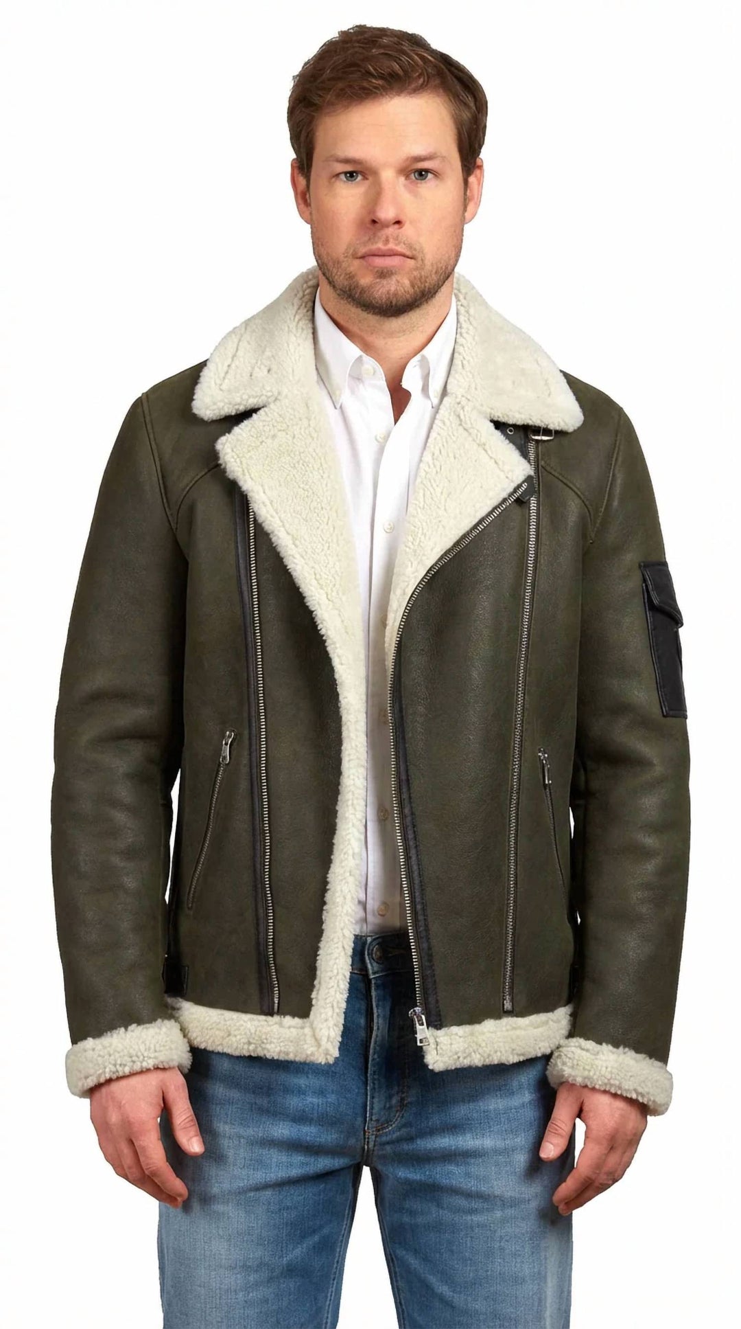 ephesus jacket in olive with white shearling