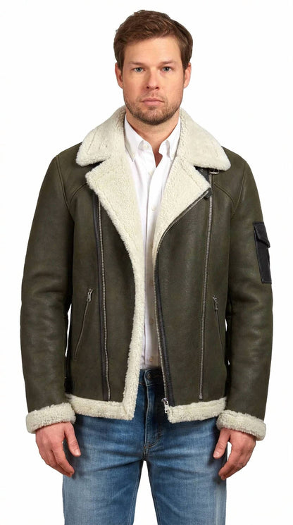 ephesus jacket in olive with white shearling