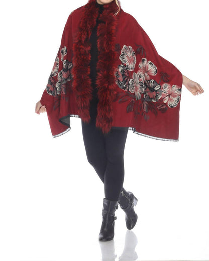 real silver fox trim cashmere blend floral wrap cover-up in wine/black