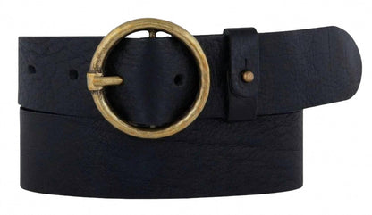 women's vintage round buckle leather belt in black