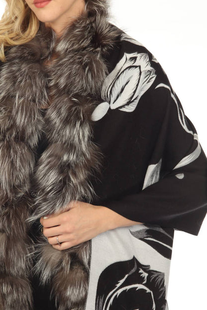real silver fox trim cashmere blend floral wrap cover-up in black/white