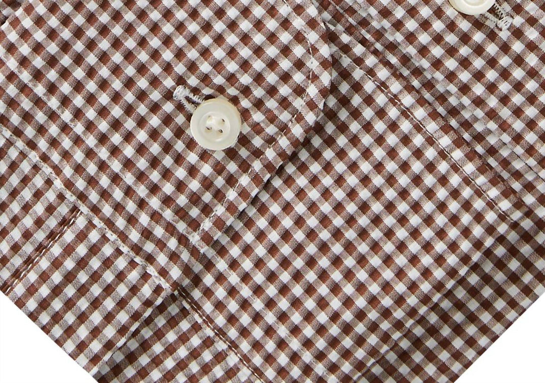 mf brown check cotton crinkle dress shirt in brown/white