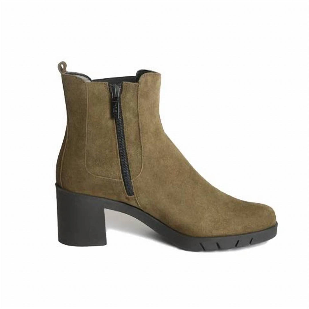 up n out too block heel booties in olive